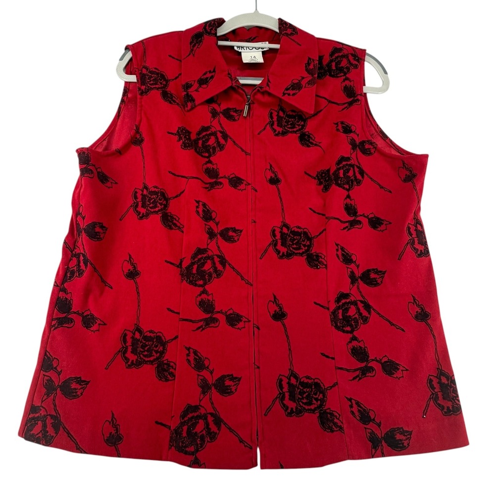 Vintage Briggs Red Black Vest Flocked Floral Rose Zip Up Women Size 14 Y2K Goth